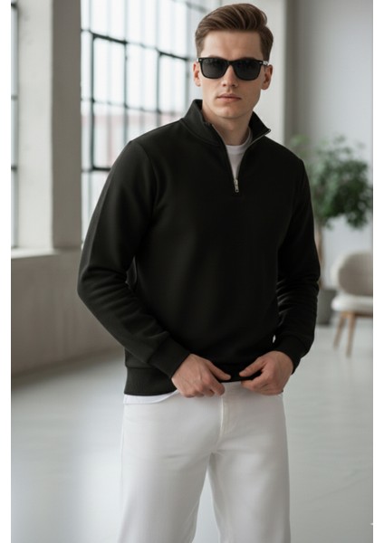 Pamuklu Erkek Sweatshirt Siyah Soft Touch Relax Fit Yarım Fermuarlı Dik Yaka 3 Iplik Nefes Alan fırsatları
