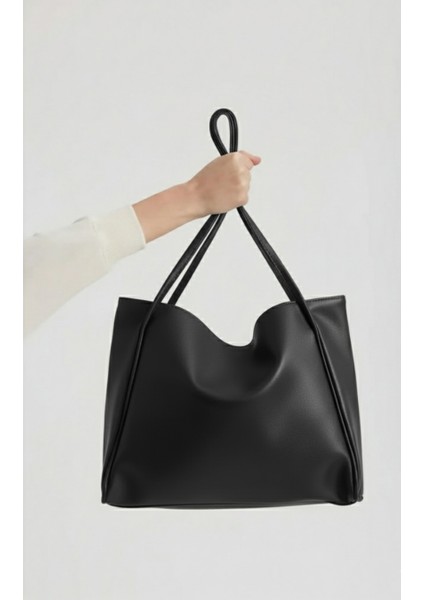 Kadın Suni Deri Siyah Trend Model Minimal Maxi Boy Omuz Çantası
