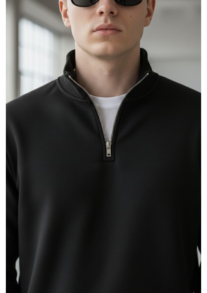 Pamuklu Erkek Sweatshirt Siyah Soft Touch Relax Fit Yarım Fermuarlı Dik Yaka 3 Iplik Nefes Alan indirimleri