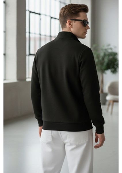 Pamuklu Erkek Sweatshirt Siyah Soft Touch Relax Fit Yarım Fermuarlı Dik Yaka 3 Iplik Nefes Alan