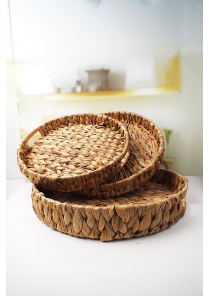 3'lü El Yapımı ve Yuvarlak Hasır Tepsi Seti, 3'lü Hasır Yuvarlak Tepsi Seti, 3 Boy Hasır Tepsi (38 * 6cm-34 * 5cm-30 * 24 * 4,5cm)