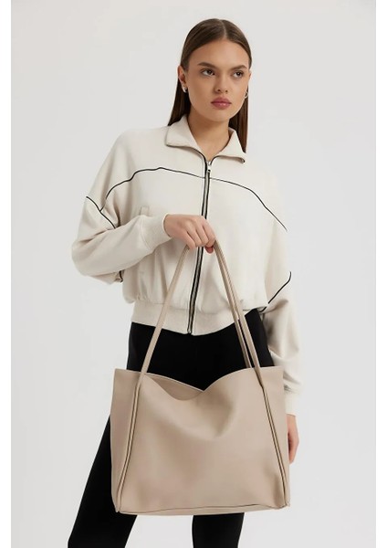 Kadın Suni Deri Krem Trend Model Minimal Maxi Boy Omuz Çantası
