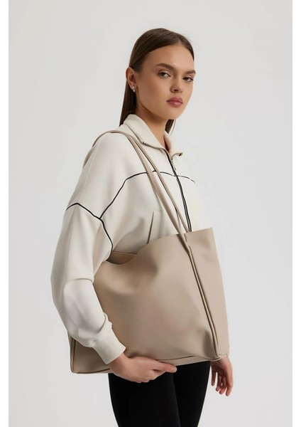 Kadın Suni Deri Krem Trend Model Minimal Maxi Boy Omuz Çantası indirimleri