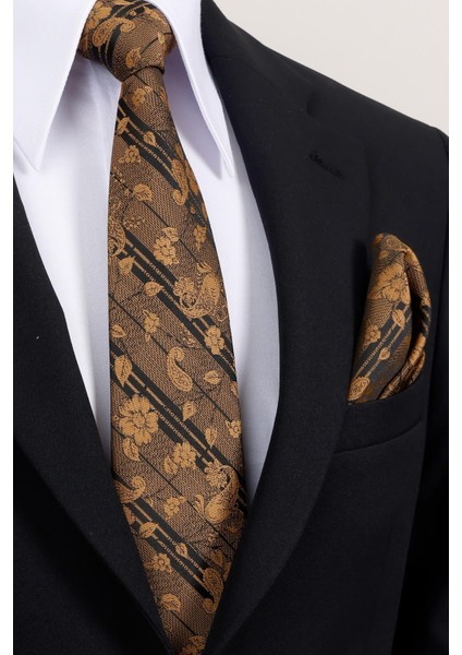 8 cm Gold Siyah Çiçek Desenli Hand Made Klasik Geniş Mendilli Kravat