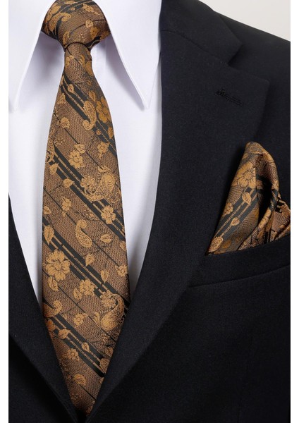 8 cm Gold Siyah Çiçek Desenli Hand Made Klasik Geniş Mendilli Kravat modelleri