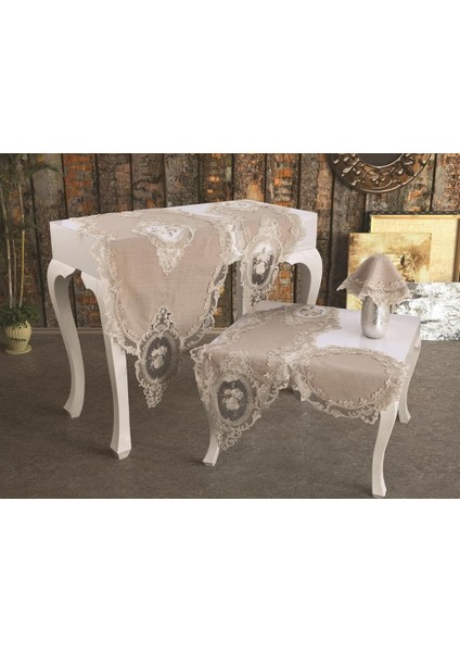 Diyarı Fransız Güpürlü Kadife Salon Takımı 5 Parça Cappucino 180039