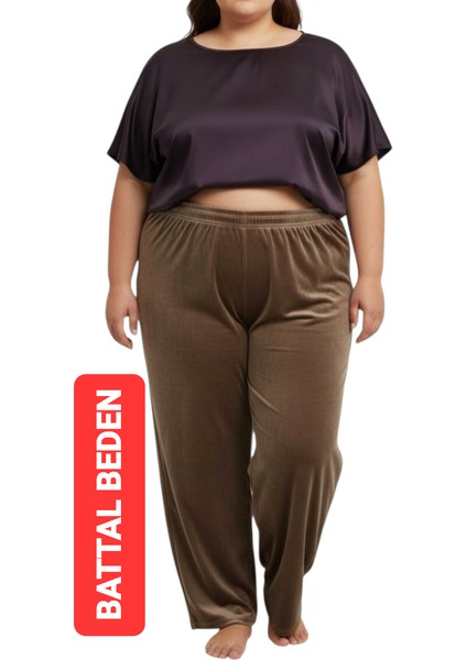 Kadın Bayan Fransız Kadife Battal Büyük Beden Bel Lastikli Cepsiz Eşofman Altı Pantolon Pijama Tayt