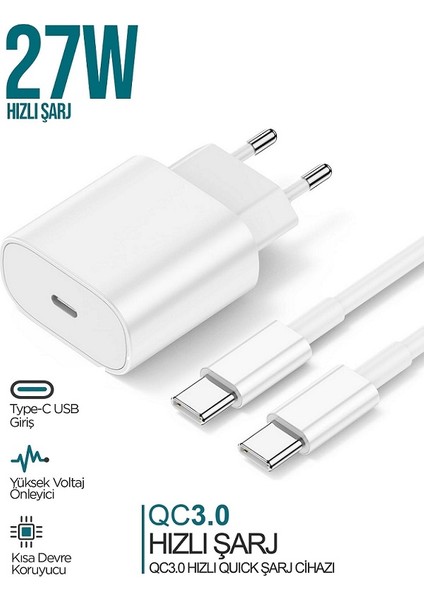 Yeni Nesil 27W Hızlı Şarj Seti Adaptor + Type C Kablosu iPhone 15 16 Samsung Realme Redmi Vb. Uyumlu