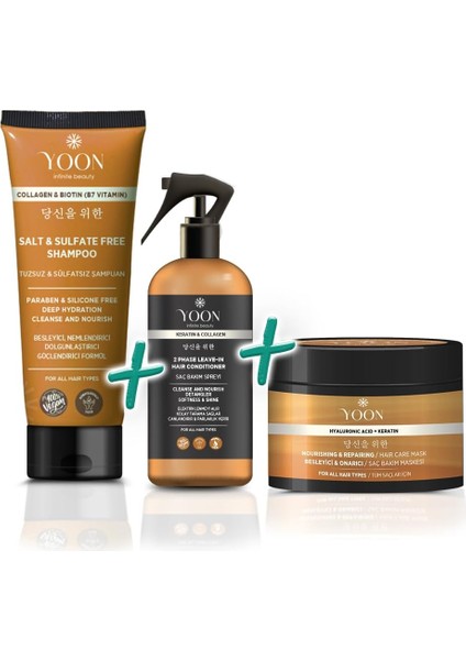 Yoon 3'lü Sülfatsız Tuzsuz Şampuan 250ML, Elektriklenme Önleyici, Kolay Tarama Saç Spreyi, Hyalüronik Asit Besleyici ve Onarıcı Saç Maskesi 250ML, Tamamlayıcı Saç Bakım Seti