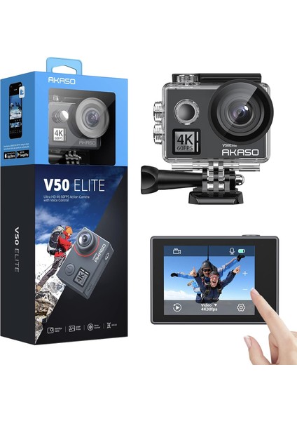 Action Cam 4K60FPS 40M Sualtı Kamera 20MP Wifi Aksiyon Kamerası, Dokunmatik Ekranlı Eıs, 8x Zoom Ses Kumandalı Uzaktan Kumandalı Aksesuar Kiti Spor Kamera (V50)