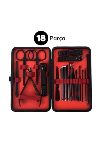 18 Parça Profesyonel Manikür Pedikür Seti – Tırnak Bakım Kiti, Siyah Çelik Aletler, Taşınabilir Deri Çanta