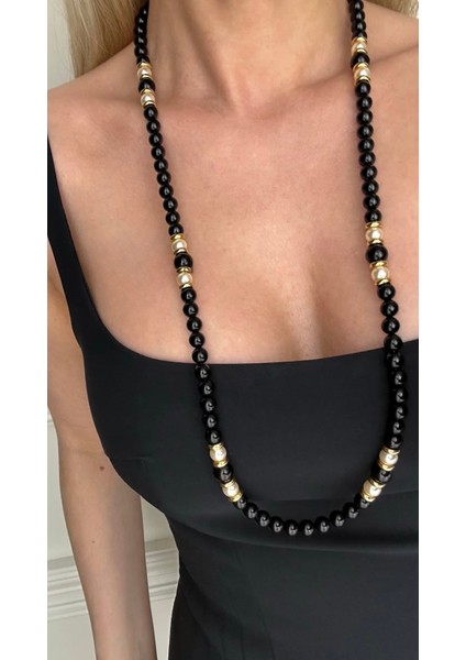 Siyah Inci & Altın Kaplama Detaylı Uzun Premium Kolye