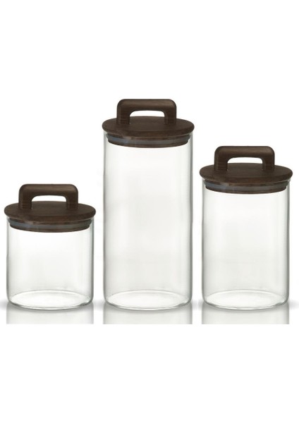 Saplı Akasya Kapaklı Yüksek Borosilikat Cam Saklama Kavanozu 3'lü Seti - 500ML - 1000ML - 1500ML -
