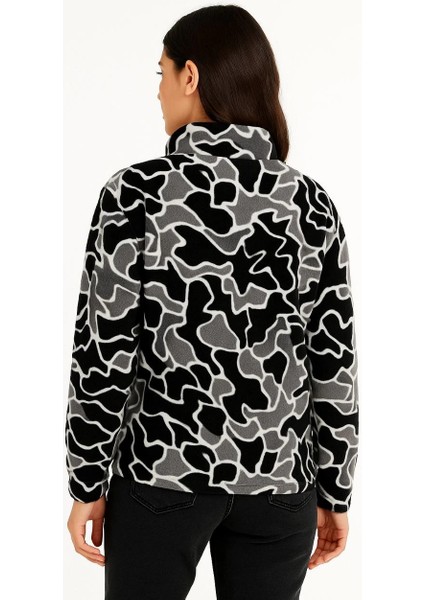 Kadın Yarım Fermuarlı Desenli Polar Sweat Yakalı, Uzun Kollu, Oversize Rahat Kalıp - Siyah fiyatları