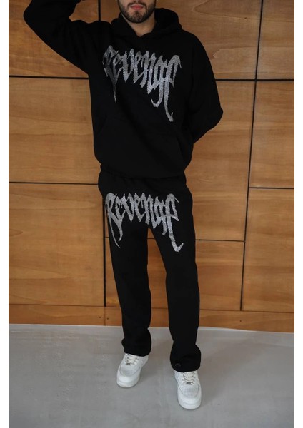 Erkek Premium Taş Baskılı Eşofman Takım Revenge Model (Siyah) Kapüşonlu Üst + Taşlı Baskılı Alt Modern Streetwear Tarzı Oversize Rahat Kalıp 3 Iplik Pamuklu - Siyah fiyatları