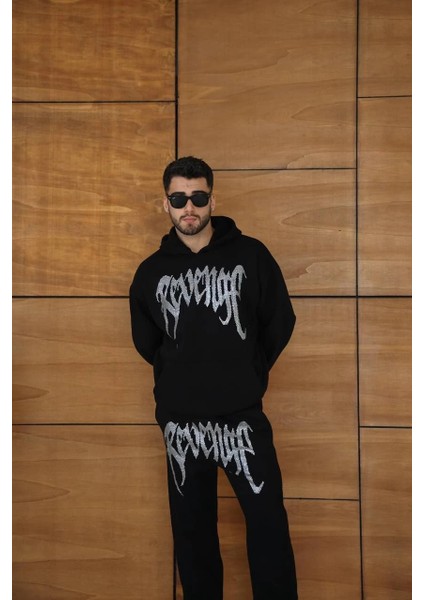 Erkek Premium Taş Baskılı Eşofman Takım Revenge Model (Siyah) Kapüşonlu Üst + Taşlı Baskılı Alt Modern Streetwear Tarzı Oversize Rahat Kalıp 3 Iplik Pamuklu - Siyah indirimleri