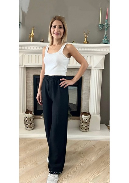 Siyah Paçası Çiçekli Beli Lastikli Kadın Pantolon