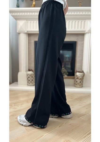 Siyah Paçası Çiçekli Beli Lastikli Kadın Pantolon fiyatları