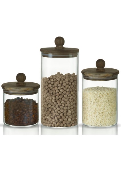 3'lü Boncuk Sap Akasya Kapaklı Yüksek Borosilikat Cam Saklama Kavanozu Seti - 500ML - 1000ML - 1500ML -