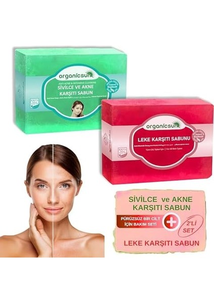 Organicsun 2'li Set Doğal Leke Karşıtı Sabun ve Sivilce ve Akne Karşıtı Sabun Yüz Sabun Seti