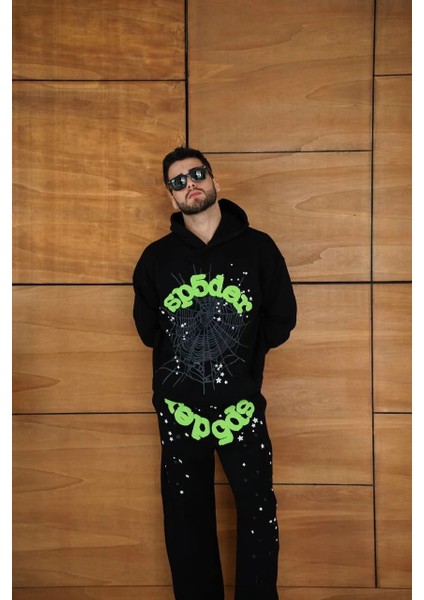 Erkek Kapüşonlu Eşofman Takım Örümcek Ağı ve Neon Yeşil Baskılı Kanguru Cepli Oversize Rahat Kalıp, Premium Üç Iplik Kumaş - Siyah fırsatları