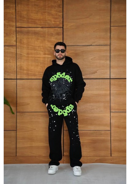 Erkek Kapüşonlu Eşofman Takım Örümcek Ağı ve Neon Yeşil Baskılı Kanguru Cepli Oversize Rahat Kalıp, Premium Üç Iplik Kumaş - Siyah indirimleri