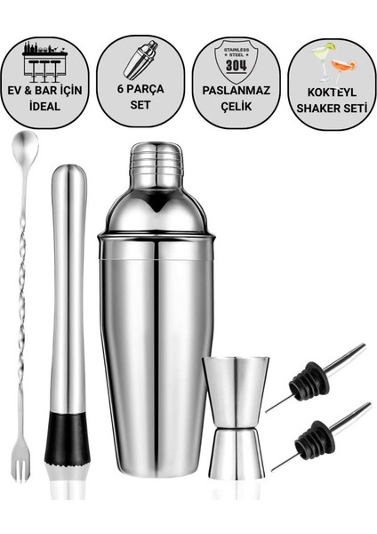 Profesyonel Paslanmaz Çelik 750ML 6 Parça Kokteyl Seti Kokteyl Hazırlama Bar Shaker Seti