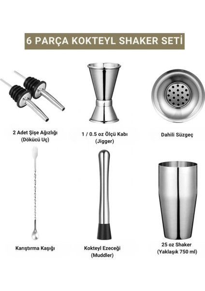 Profesyonel Paslanmaz Çelik 750ML 6 Parça Kokteyl Seti Kokteyl Hazırlama Bar Shaker Seti indirimleri