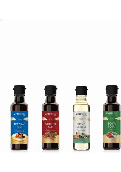 Chefline Asia 4lü Uzakdoğu Sos Seti - Soya Sosu 150ML -Istiridye Sos 150ML -Teriyaki Sos 150ML - Pirinç Sirkesi 150ML