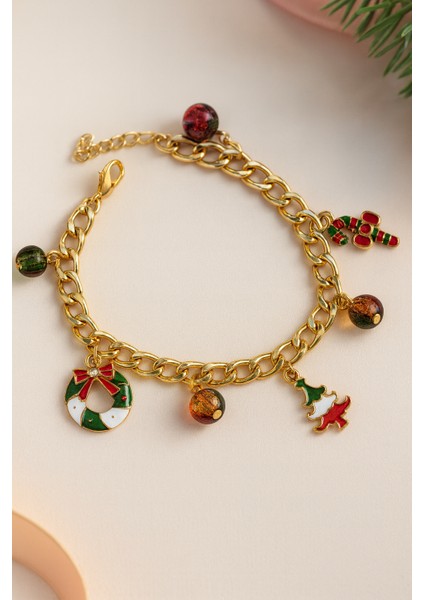 Göksunun Izi Altın Kaplama Çelik Zincir Yılbaşı Temalı Charm Boncuklu Bileklik Noel Ağaç Detaylı fiyatları