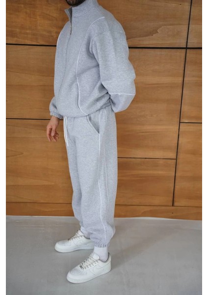 Erkek Premium Parçalı Eşofman Takım - Dik Yaka Fermuarlı Biyeli Sweatshirt Lastik Paça Alt, Oversize 3 Iplik Şardonlu - Gri modelleri