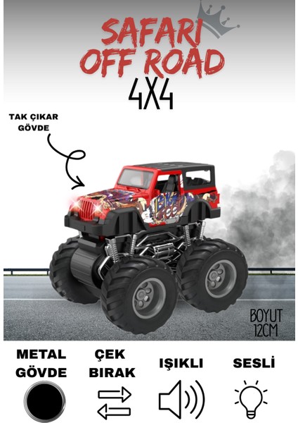 Metal Jeep Sürtmeli Işıklı Müzikli Off Road Arabası 12 cm