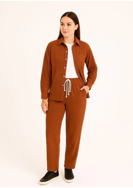Kadın Kadife Oversize Takım - Gömlek ve Pantolon Ikili Set - Kiremit
