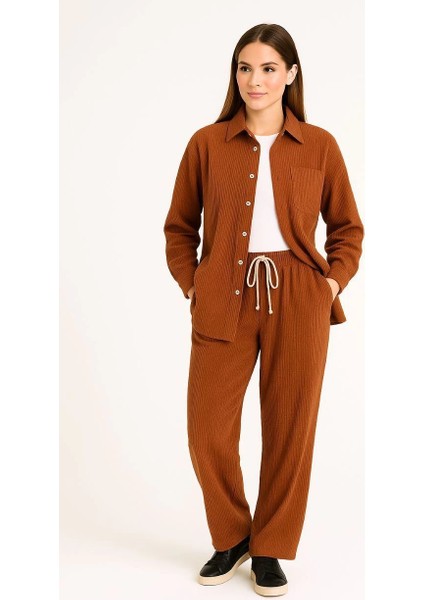 Kadın Kadife Oversize Takım - Gömlek ve Pantolon Ikili Set - Kiremit fiyatları