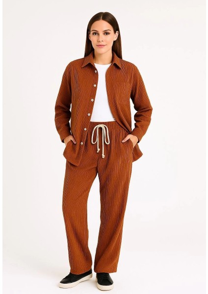 Kadın Kadife Oversize Takım - Gömlek ve Pantolon Ikili Set - Kiremit modelleri