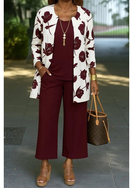 Mdb Kadın Uzun Kollu Önü Açık Modal Ceket Kolsuz Viskon Iki Iplik Bluz ve Pantolon Üçlü Takım