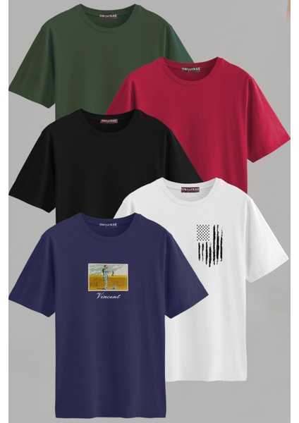 Erkek Desenli-Düz Karışık Slim Fit Bisiklet Yaka Pamuk Elastan 5'li Basic Tişört