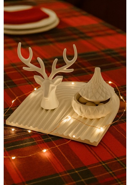 El Yapımı Geyik Figürlü Dekoratif Set – U Form Tepsi & Kapaklı Fonksiyonel Kutu (22X22 Cm) fiyatları