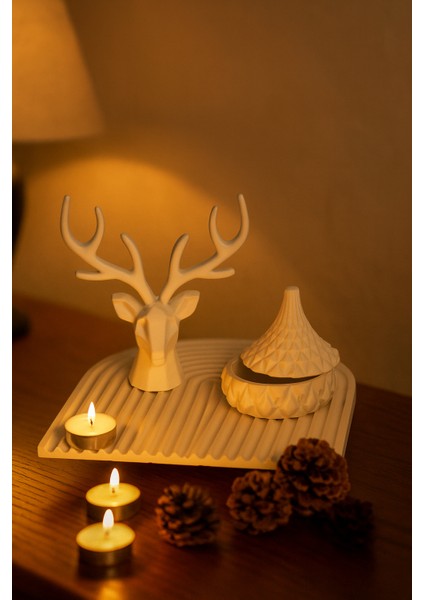 El Yapımı Geyik Figürlü Dekoratif Set – U Form Tepsi & Kapaklı Fonksiyonel Kutu (22X22 Cm) fırsatları