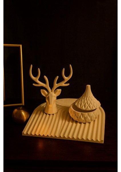 El Yapımı Geyik Figürlü Dekoratif Set – U Form Tepsi & Kapaklı Fonksiyonel Kutu (22X22 Cm) indirimleri