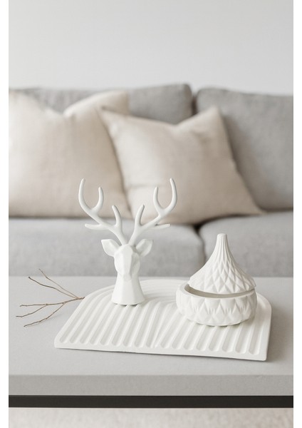 El Yapımı Geyik Figürlü Dekoratif Set – U Form Tepsi & Kapaklı Fonksiyonel Kutu (22X22 Cm)
