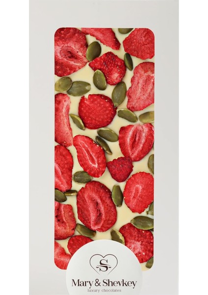 Kuvertür Çikolata Kabak Çekirdeği ve Çilek (Freeze Dried) Içeren Meyveli Lüks Kuvertür Çikolata 115GRAM (Standart, Beyaz Çikolata)