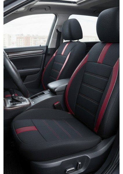 Kia Picanto 2004–2009 Uyumlu - Tay Tüyü Orta + Lacost Kenar, 8 mm Süngerli Oto Koltuk Kılıfı Siyah Bordo (2 cm Yan Destek)