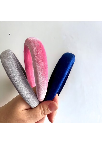 Az Bombeli Kadife Gri, Pembe ve Mavi Renk Üçlü Saç Tacı, Saç Tokası