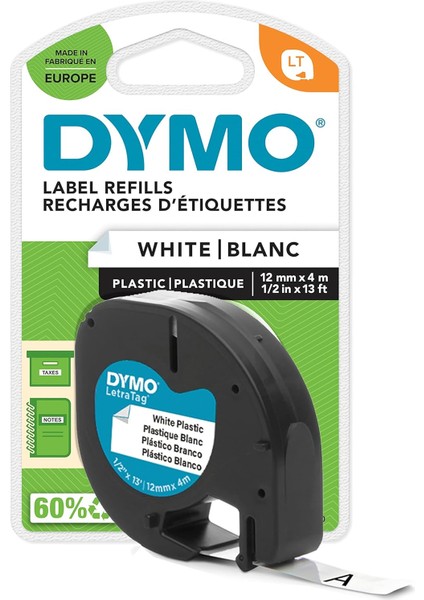 Letratag Plastik Şerit (12 mm x 4 Mt), Beyaz (59422)
