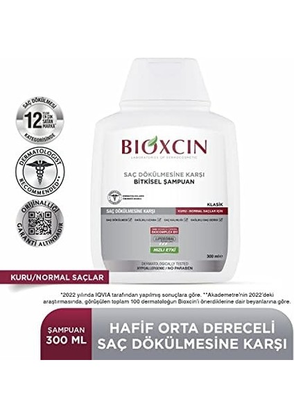 Bioxcin Klasik Bitkisel Kuru ve Normal Saçlar Için 3X300 ml Saç Dökülmesine Karşı Şampuan