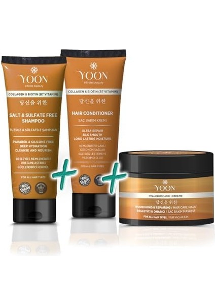 Yoon 3'lü Vegan Tuzsuz Şampuan 250ML, Saç Kremi 200ML, Saç Maskesi 250ML, Nemlendirici, Besleyici ve Onarıcı Saç Bakım Seti