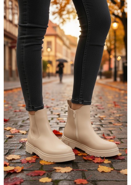 Bej Içi Polarlı Fermuarlı Kadın Bot 24071 Z