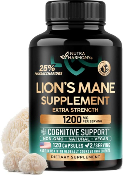 Nutraharmony Organic Lions Mane - Made In Usa 1200 Mg Memory & Focus Support 120 Capsules.