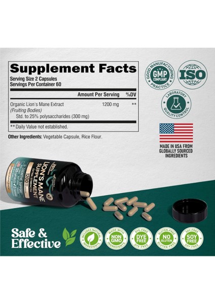 Nutraharmony Organic Lions Mane - Made In Usa 1200 Mg Memory & Focus Support 120 Capsules. modelleri